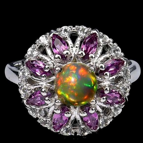 Natural Fire Opal 6mm, Rhodolite & White Topaz 925 Sterling Silver Ring Sz 6.75 - Picture 1 of 4